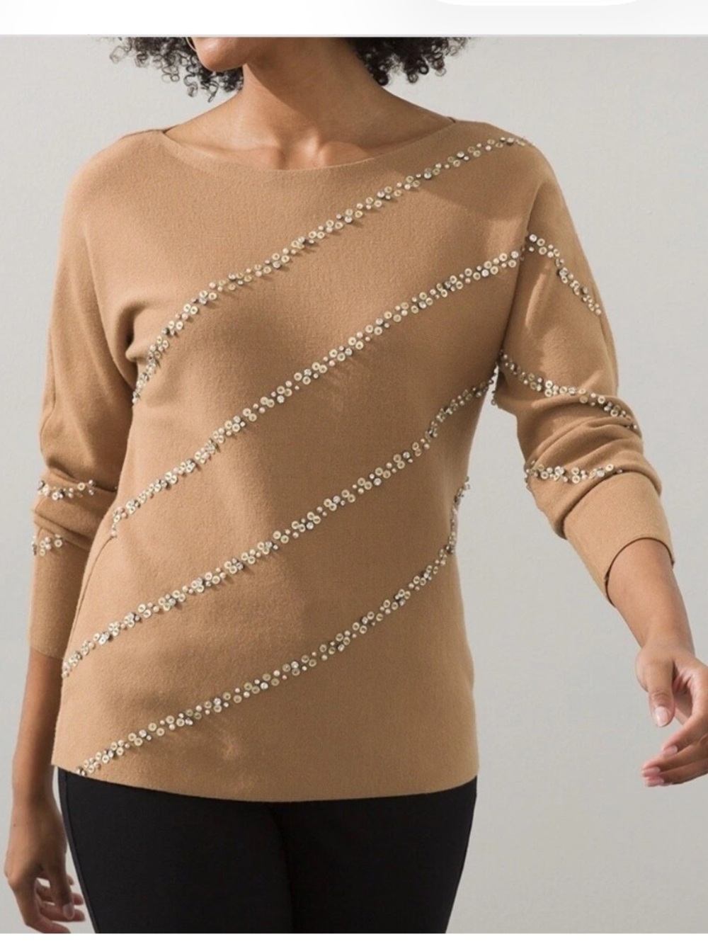 Chico's Beige Diagonal Beaded Embellished Soft Pullover Sweater Top Sz 2/L - Picture 4 of 16